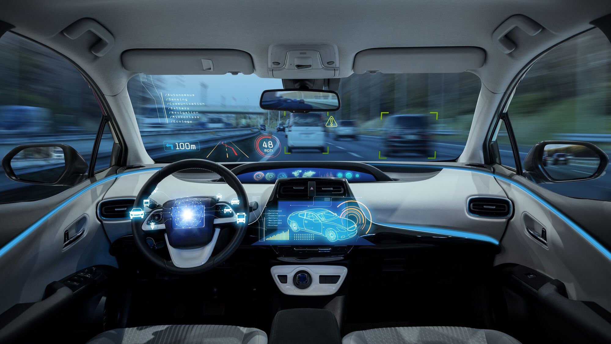 Futuristic car interior with advanced heads-up display and augmented reality